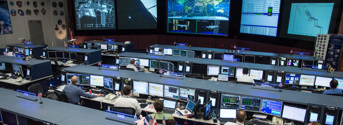 La salle de contrôle des missions de vols de la station spatiale de Houston au Texas en 2017